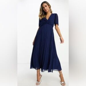 💐NWOT ASOS DESIGN pleated bodice flutter sleeve pleat midi dress in navy SIZE 14